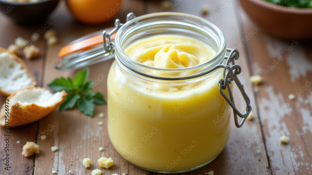 A clear jar filled with yellow-orange beef fat on a wooden table. A clear jar filled with yellow-orange beef fat on a wooden table.