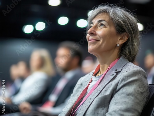 female entrepreneur engaging with an attentive audience, dynamic atmosphere of a business seminar, bright lighting illuminating faces, modern convention center ambiance