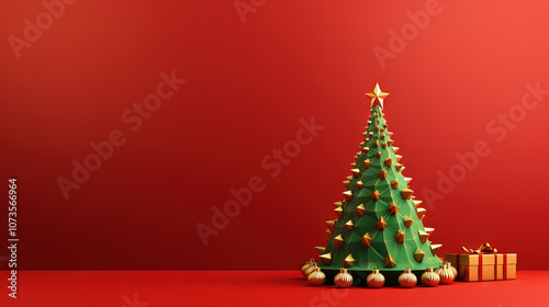 Christmas tree toy card template with baubles and copy space. Contrast red and green greeting card for winter holidays