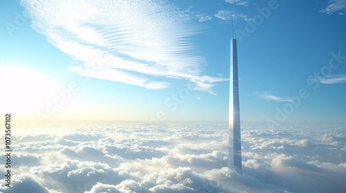 A towering structure pierces through a sea of clouds under a bright blue sky, symbolizing modern architecture and innovation in urban landscapes.