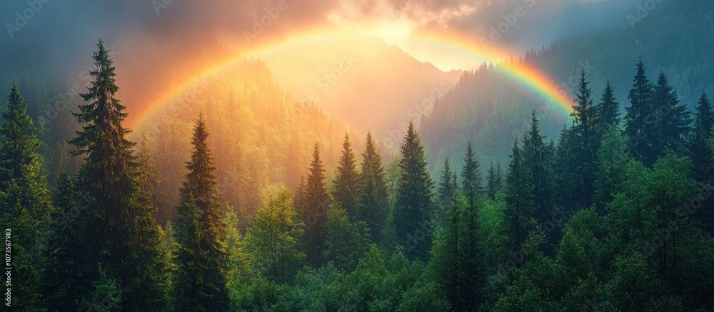Majestic rainbow arching over misty forest with a sunset sky. Majestic rainbow arching over misty forest with a sunset sky.