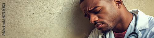 A doctor exhaustedly leaning against a wall, a stethoscope draped around his neck. photo