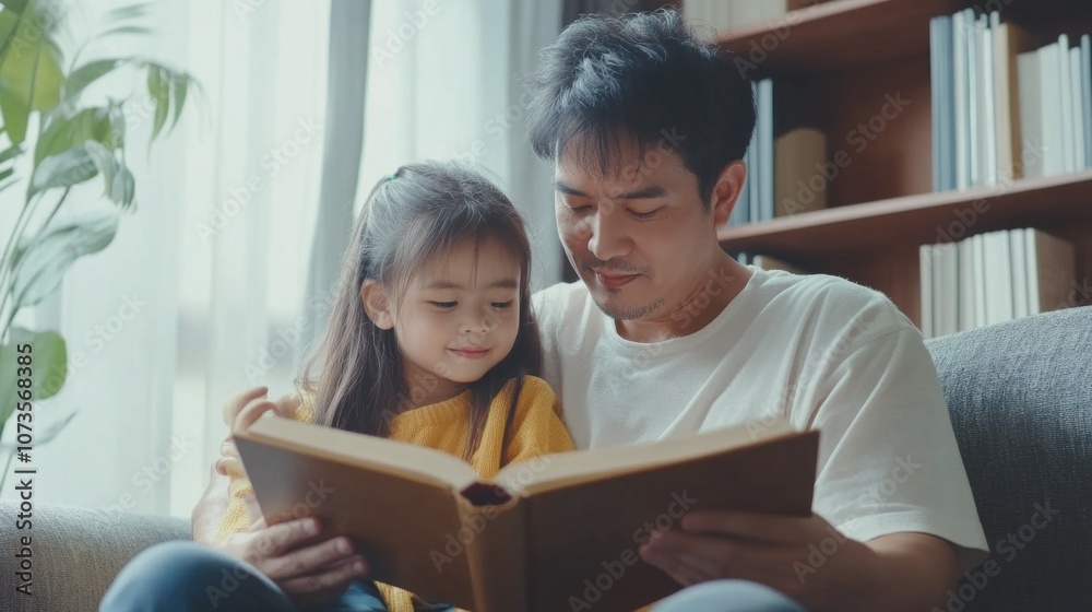 A man and a little girl are sitting on a couch reading a book together A man and a little girl are sitting on a couch reading a book together