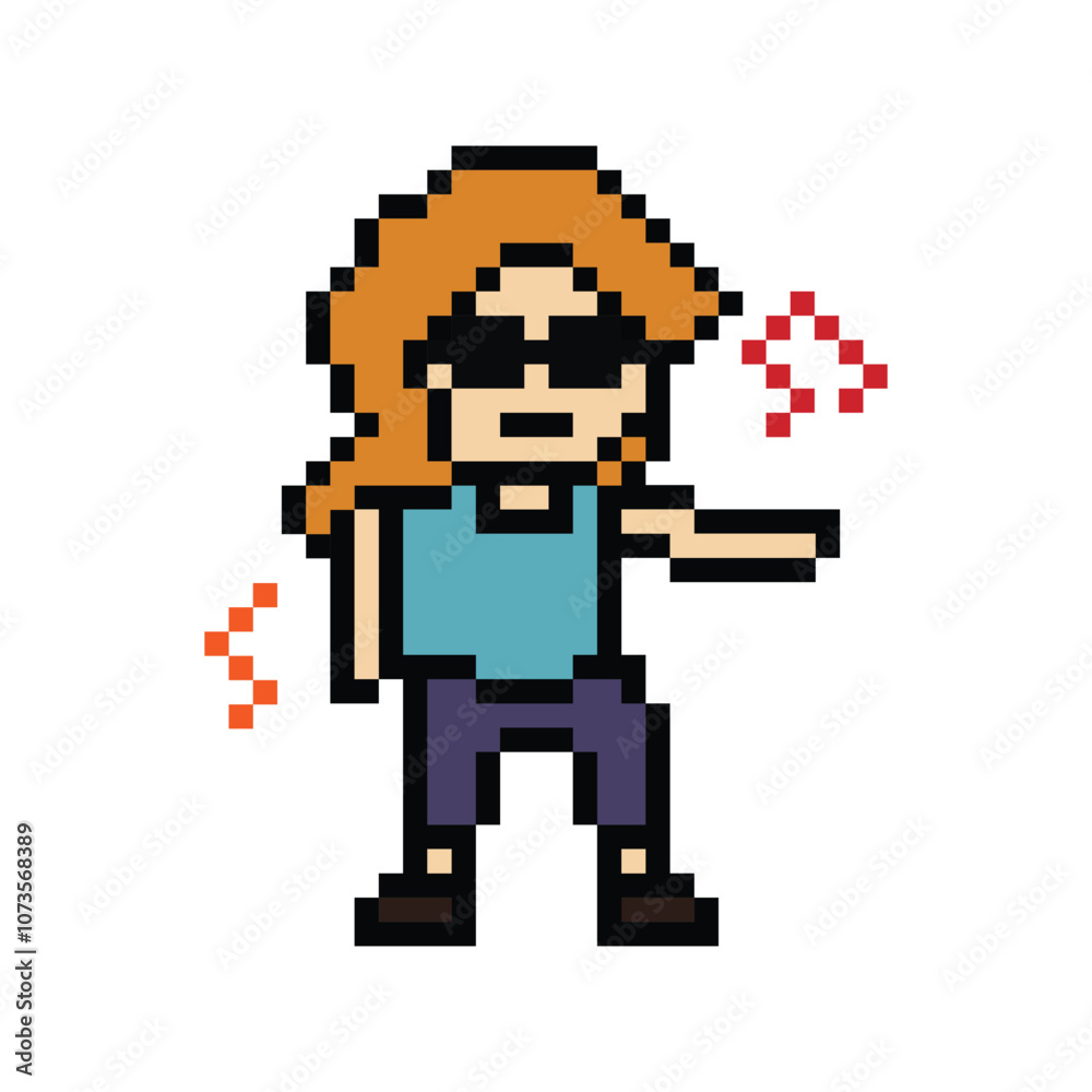 Obraz premium Cute cartoon pixel character cute woman exercises training dance lifestyle music decoration life style 8 bit female girl dance with music game fitness isolated PNG vector.