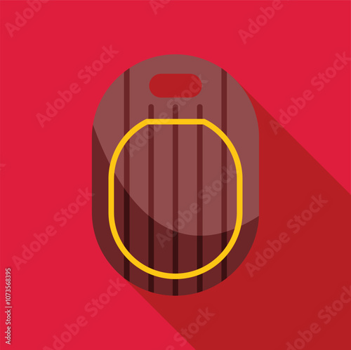 Kitchen cutting board with rounded corners, yellow border, and hanging hole, casting a long shadow on a vibrant red background