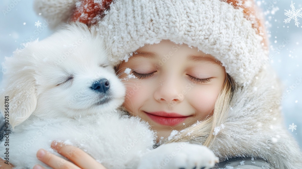 Fototapeta premium A young girl cuddles a fluffy white puppy during a snowy day, both are warmly dressed, exuding warmth and joy in this serene winter wonderland scene.