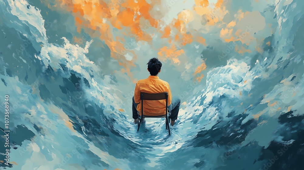 Fototapeta premium Man in orange jacket sits on a chair surrounded by swirling blue and orange clouds.