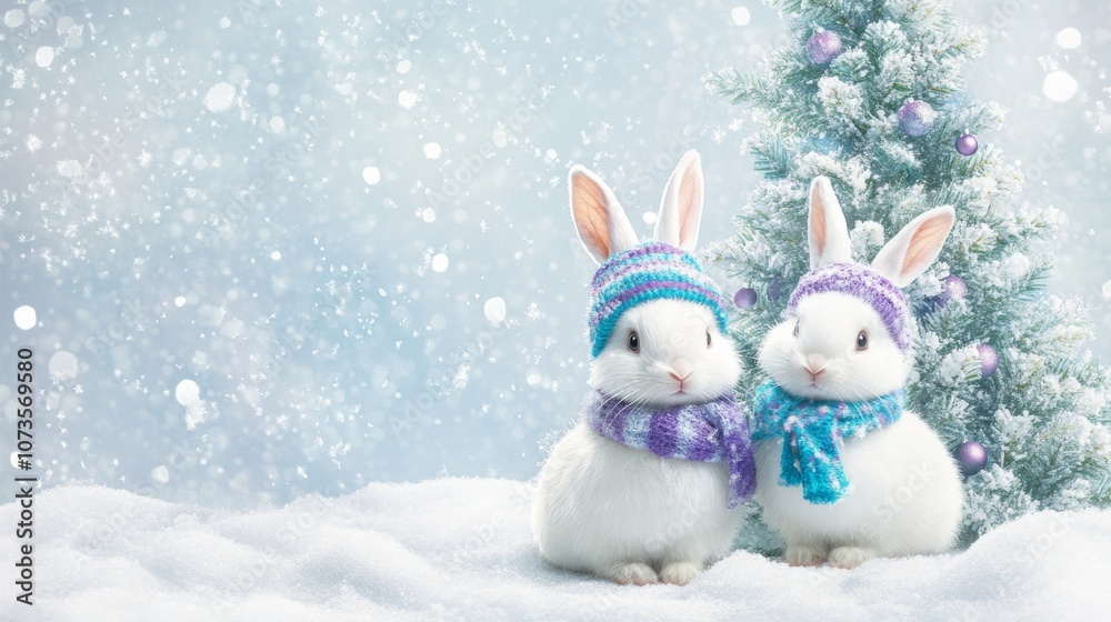 Two charming white bunnies wear blue and purple hats and scarves, sitting in the snow by a lightly decorated frosted tree, surrounded by gentle snowfall. Two charming white bunnies wear blue and purple hats and scarves, sitting in the snow by a lightly decorated frosted tree, surrounded by gentle snowfall.