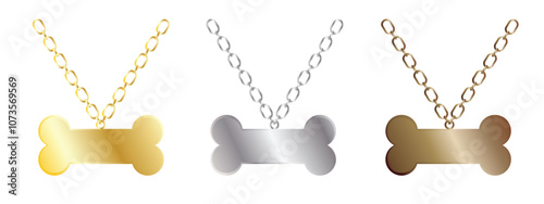 Dog Necklace Medallion in Shape of Bone Different Metals. Feline wearable metal bones label badge vector art