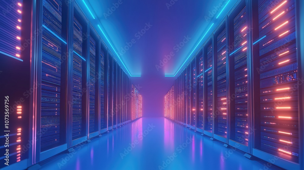 Digital illustration of an advanced data center with rows of high-tech server cabinets Digital illustration of an advanced data center with rows of high-tech server cabinets