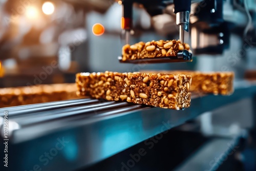 A close up shot of a conveyor belt with energy bars moving along it in a food factory