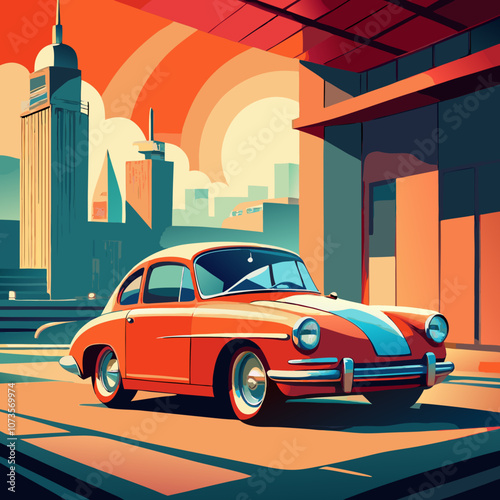 Retro vintage car with sunset background, colorful vector illustration