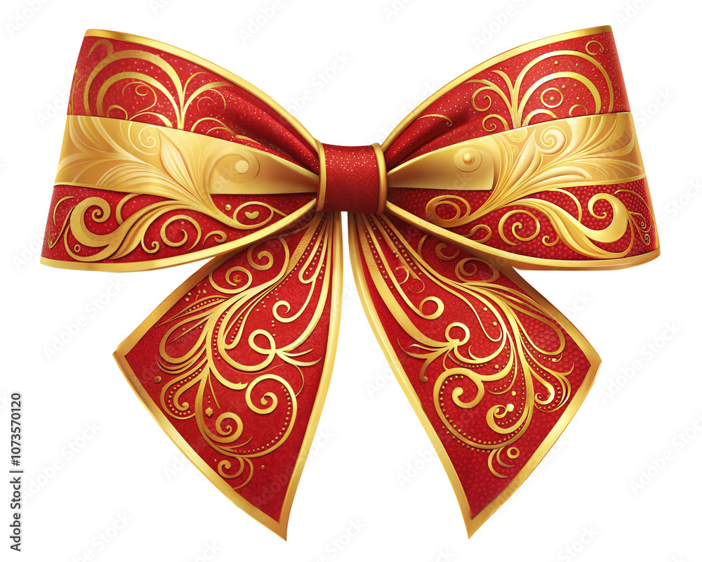 Elegant red and gold decorative bow with intricate designs, transparent or white isolated background. Elegant red and gold decorative bow with intricate designs, transparent or white isolated background.
