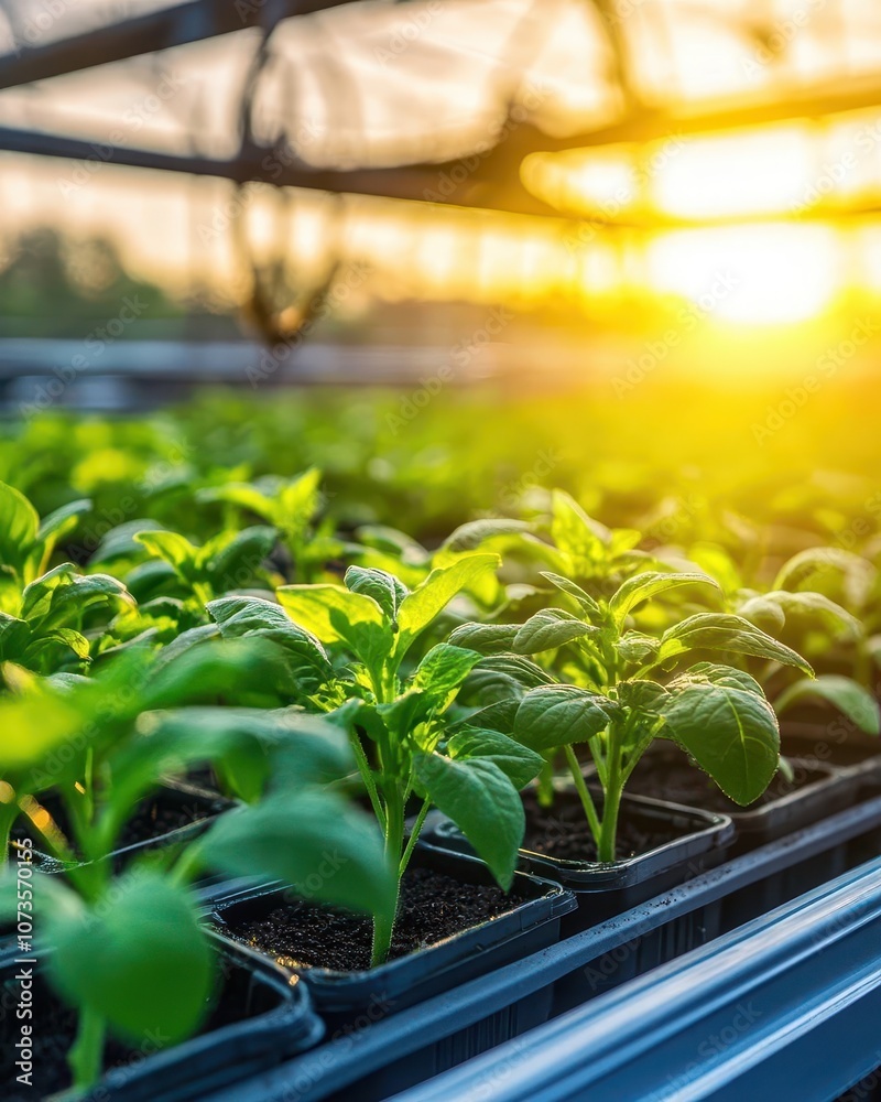Close up image of green seedlings growing in a greenhouse