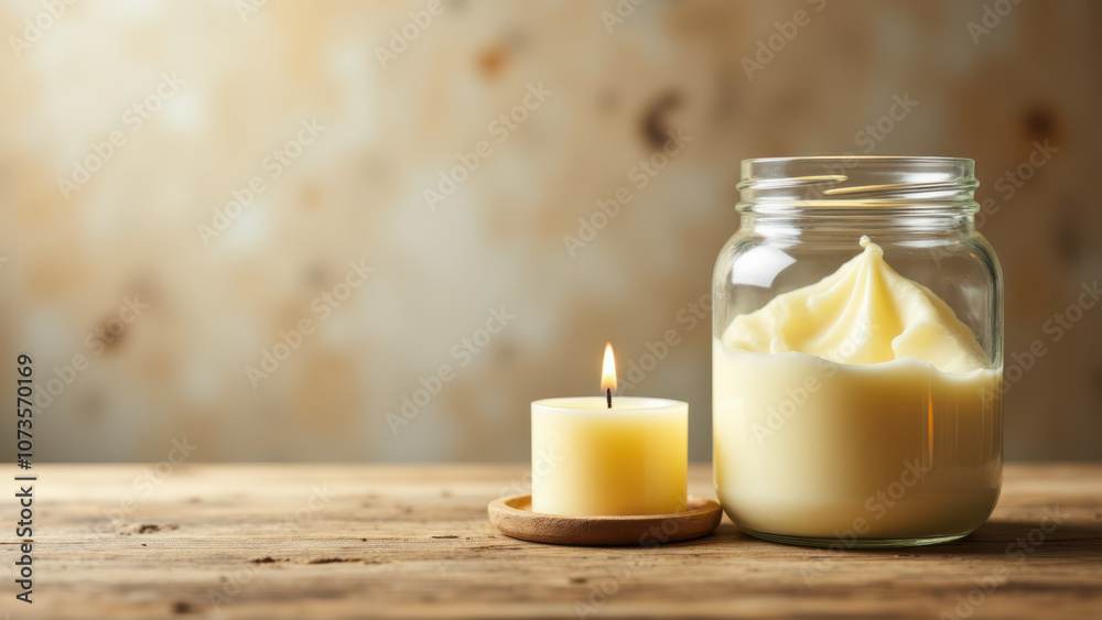 Beef tallow in a jar on a wooden surface with a candle. Beef tallow in a jar on a wooden surface with a candle.