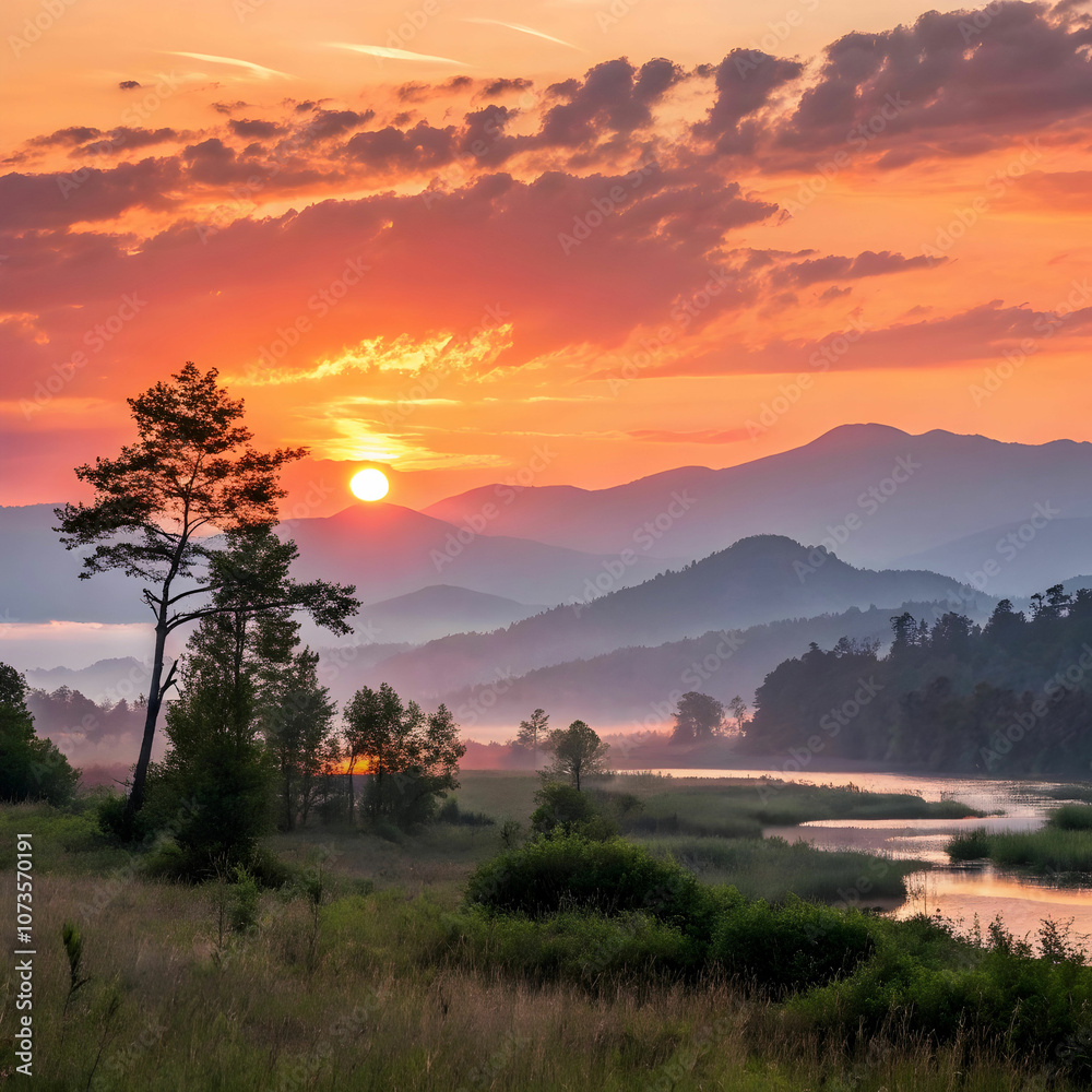 Naklejka premium A stunning sunset backdrop paints the sky in vibrant hues of orange, pink, and purple.