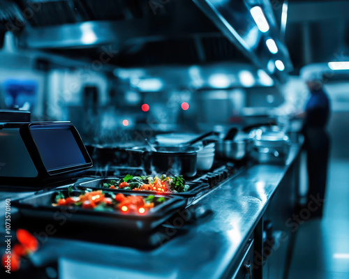 A photo of a restaurant kitchen counter with food steaming on it  as a chef works in the background photo