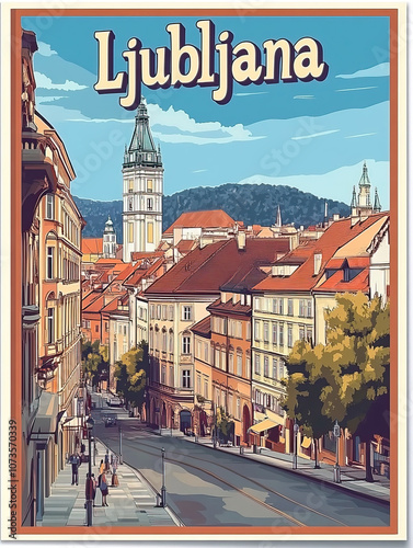 Ljubljana, Slovenia, modern french vintage travel poster with bold title. Cityscape and city skyline.Classic traditional. Clear, simple, trendy