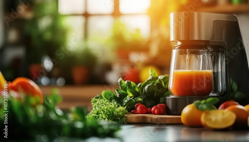 A close up image of a blender with fresh fruit and vegetables on a countertop ready to be juiced