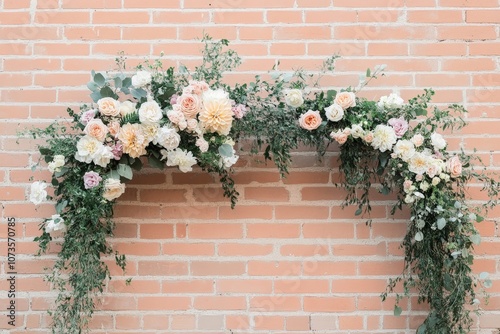 Floral Archway Adorned with Pastel Roses and Dahlias Against a Brick Wall