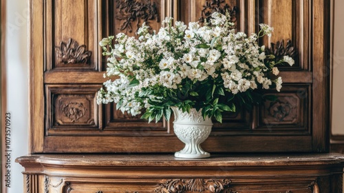 Beautiful Arrangement of White Flowers in Ornate Vase on Vintage Wooden Surface with Detailed Carvings and Natural Light Enhancing the Elegant Atmosphere