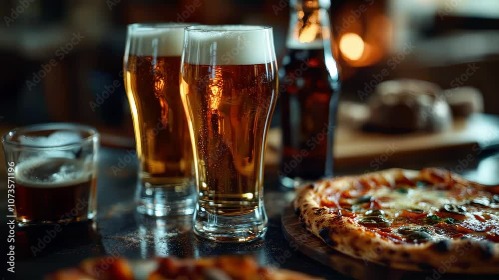 Two Glasses of Beer and Pizza on Wooden Table in a Cozy Bar Setting Two Glasses of Beer and Pizza on Wooden Table in a Cozy Bar Setting