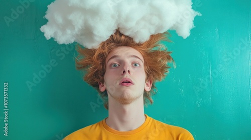 A Young Man With Bright Orange Hair Gazes Upward in Surprise as a Fluffy White Cloud Hovers Above Him Against a Vibrant Turquoise Wall, Suggesting Whimsical Thoughts or Daydreaming