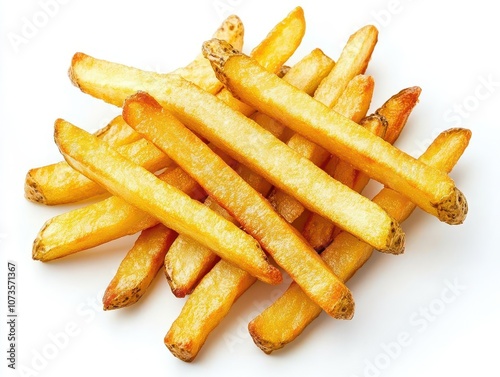 golden french fries artistically arranged on a pristine white background, highlighting their crispy texture and delicious appeal, evoking a sense of appetizing indulgence photo