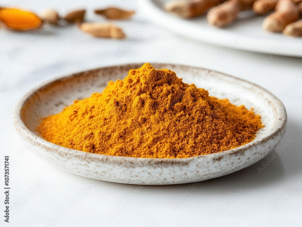 golden turmeric powder scattered artistically on a clean white surface, emphasizing its texture and earthy hues, creating a warm and inviting visual that highlights this vibrant spice golden turmeric powder scattered artistically on a clean white surface, emphasizing its texture and earthy hues, creating a warm and inviting visual that highlights this vibrant spice