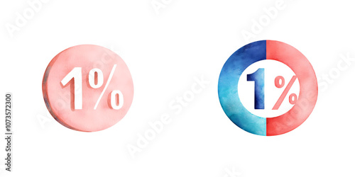 1 percent interest rate icons in pink and blue watercolor styles, ideal for finance themes, isolate white background