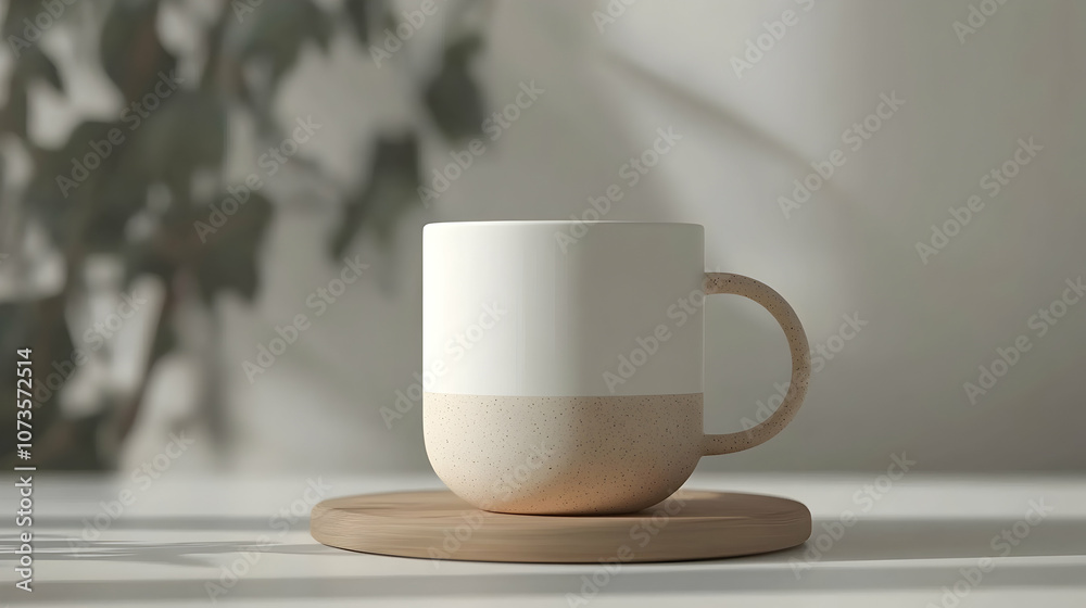 A white ceramic mug with a beige bottom sits on a wooden coaster with greenery in the background. A white ceramic mug with a beige bottom sits on a wooden coaster with greenery in the background.