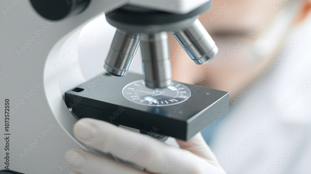 Examining samples under a microscope in a laboratory.Closeup.