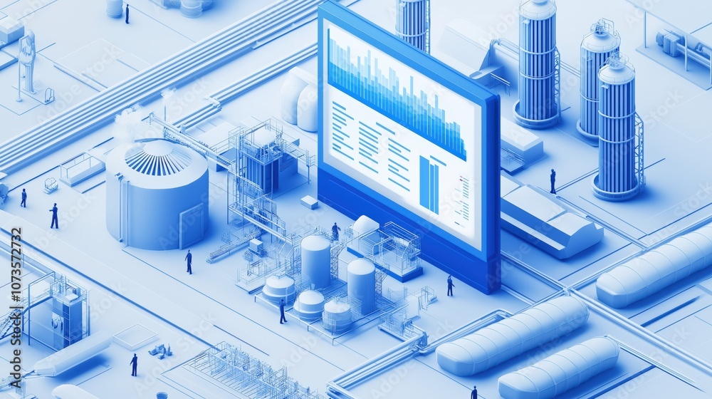 Fototapeta premium White and blue isometric illustration of an industrial plant with data charts above it