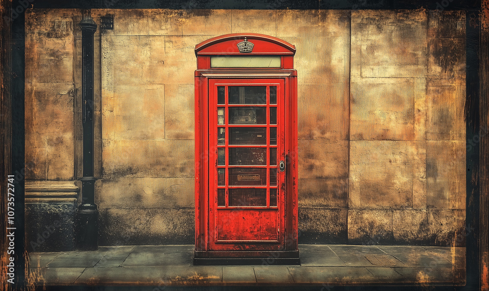 Obraz premium A London red telephone box with a weathered, vintage look displays rustic British charm, textured and distressed historic character.