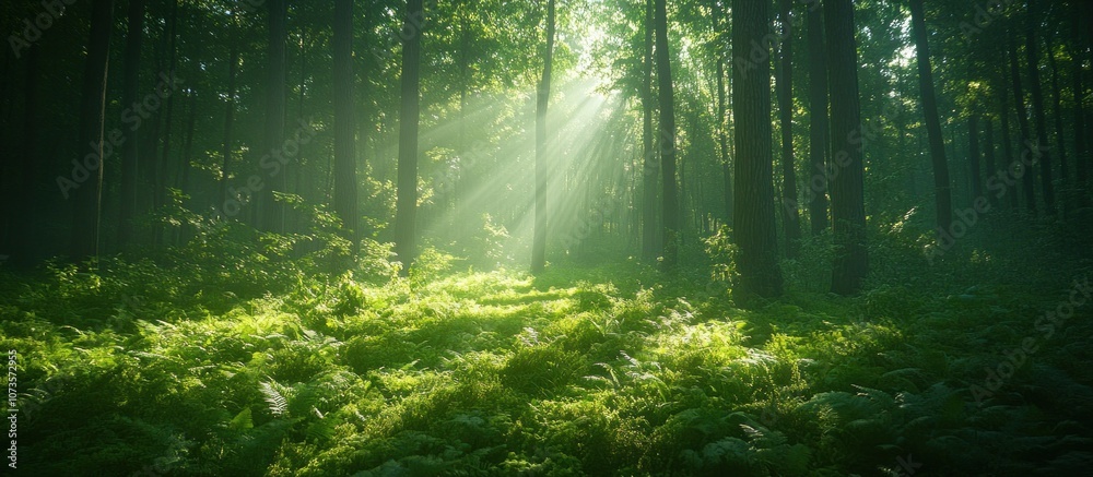 Sun rays illuminate a dense forest with green ferns in the foreground. Sun rays illuminate a dense forest with green ferns in the foreground.
