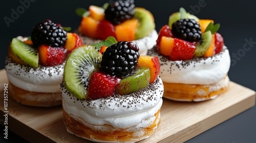 Colorful fruit-topped pastries on a wooden platter.