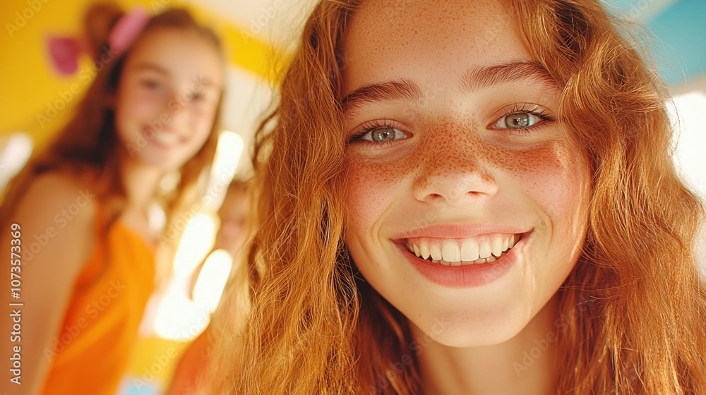 Cheerful Young Girl With Freckled Face Smiles Brightly in a Vibrant, Colorful Setting While Friends Enjoy a Playful Moment in the Background During a Joyful Daytime Activity Cheerful Young Girl With Freckled Face Smiles Brightly in a Vibrant, Colorful Setting While Friends Enjoy a Playful Moment in the Background During a Joyful Daytime Activity