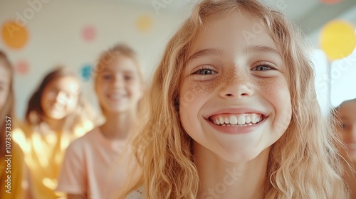 A Group of Happy Children Smiling Brightly in a Colorful Classroom During a Playful Activity in the Afternoon Light