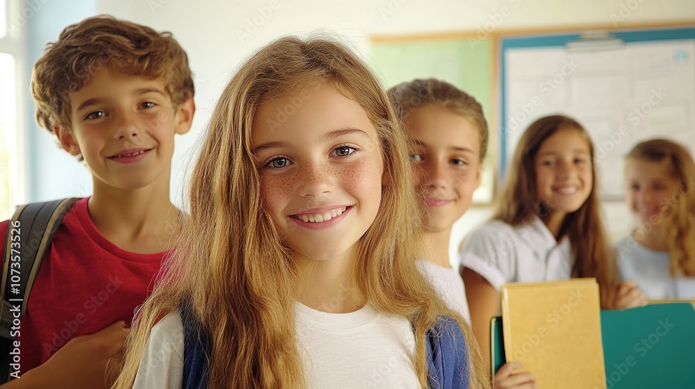 A Group of Happy Schoolchildren Posing Together in Their Classroom During a Sunny Day, Showcasing Friendship and the Joy of Learning in a Vibrant Educational Environment A Group of Happy Schoolchildren Posing Together in Their Classroom During a Sunny Day, Showcasing Friendship and the Joy of Learning in a Vibrant Educational Environment