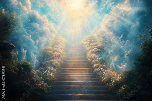 The celestial veil lifting to reveal a stairway to heaven, adorned with angels ascending and descending amidst a breathtaking panorama of light and grace