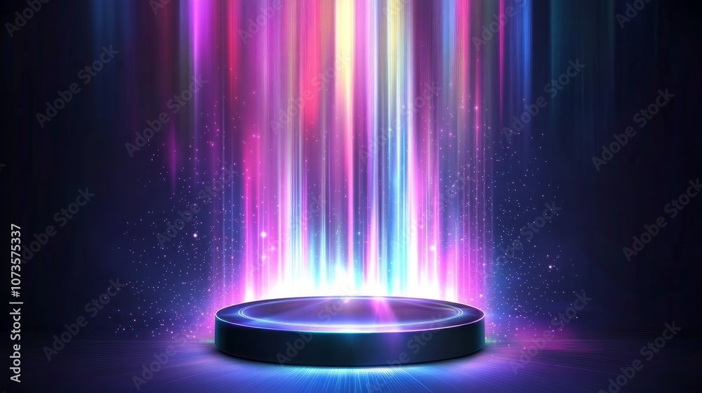 A round platform with light beams and particles in purple, blue, pink, yellow and orange. A round platform with light beams and particles in purple, blue, pink, yellow and orange.