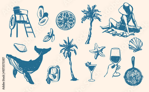 Hand Drawn La Dolce Vita Italian Mediterranean Summer Beach Picnic, Restaurant Menu, Wine and Pasta, Poster Design Invitation Card, and Tropical Palm Tree