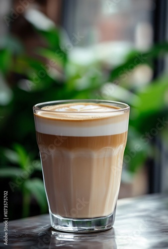 Closeup Latte Art in Glass on Table