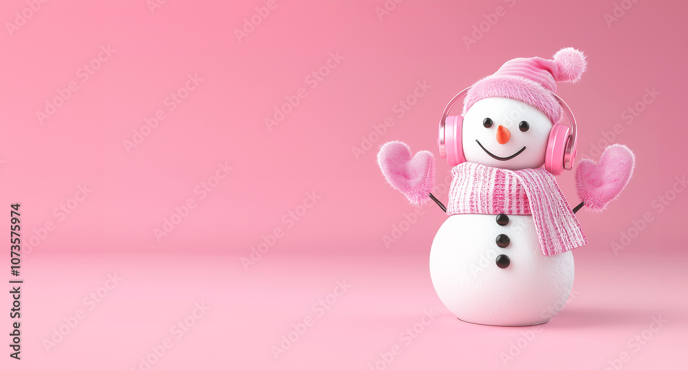 Cute snowman in pink headphones, hat, scarf and gloves on a pink background with copy space Cute snowman in pink headphones, hat, scarf and gloves on a pink background with copy space