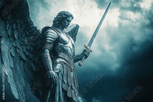 A vision of Saint Michael the Archangel, clad in shining armor and holding a sword aloft against a dark stormy sky. His gaze is resolute, embodying protection and righteousness