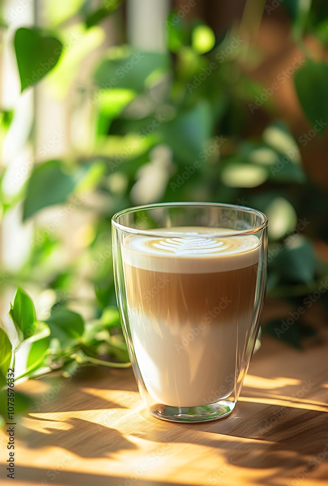 Warm Latte Coffee with Leaf Art in Glass Warm Latte Coffee with Leaf Art in Glass