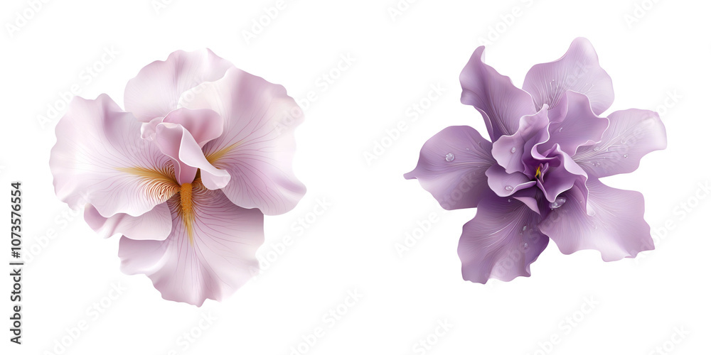 Delicate pale lilac irises with intricate vein patterns and soft petals, isolate white background Delicate pale lilac irises with intricate vein patterns and soft petals, isolate white background
