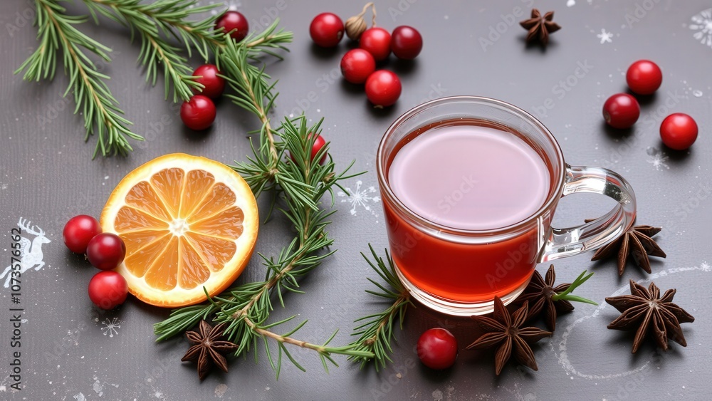 Warm up with Festive Holiday Drink: Cozy Christmas Mug with Cranberries, Oranges, and Spices on Rustic Table Warm up with Festive Holiday Drink: Cozy Christmas Mug with Cranberries, Oranges, and Spices on Rustic Table