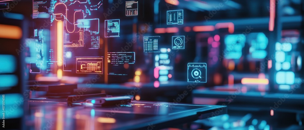 Futuristic digital workspace with holographic interfaces and glowing elements. Futuristic digital workspace with holographic interfaces and glowing elements.