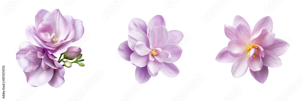 Pastel lavender freesias in top down view, showcasing delicate beauty, isolate white background Pastel lavender freesias in top down view, showcasing delicate beauty, isolate white background